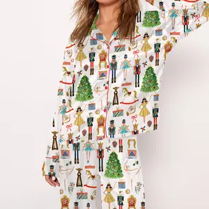 Christmas Nutcracker Pajama Set For Women Print Comfy Satin Sleepwear & Loungewear Pjs Short Sleeve Top & Bottoms Shorts Without Pockets - SHESHOW