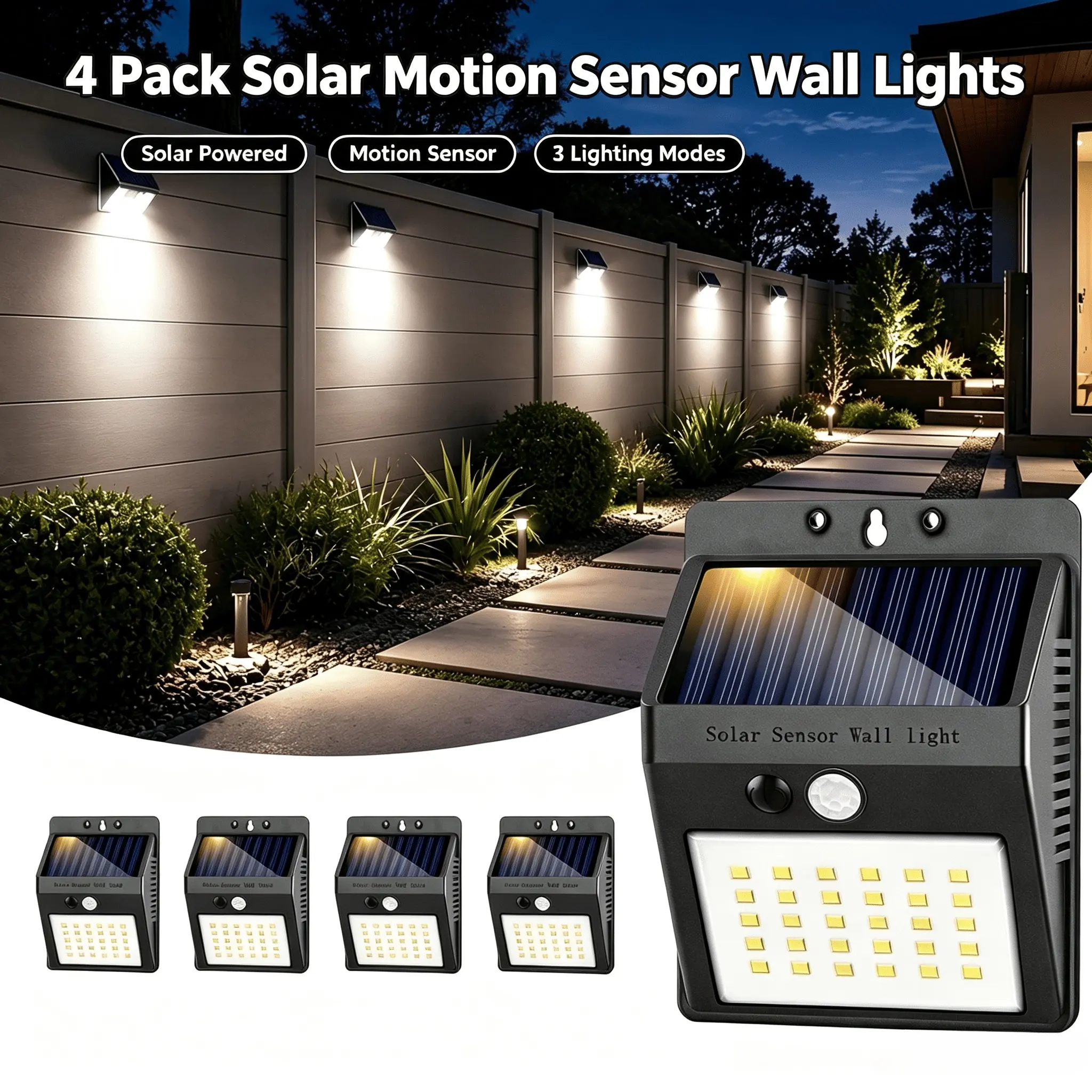 Tuffenough Solar Outdoor Security Lights,Led Nightlights with 3 Lighting Modes,Wireless Wall Lights for Garden Fence Yard Deck Garage(60 LED/4 Packs)
