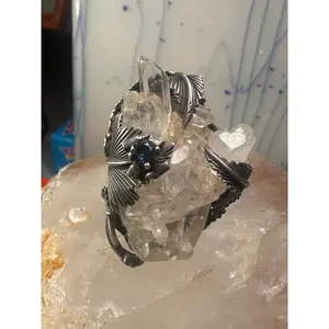 Quartz Crystal ring southwest huge squash blossom leaves band Size 10 sterling silver women