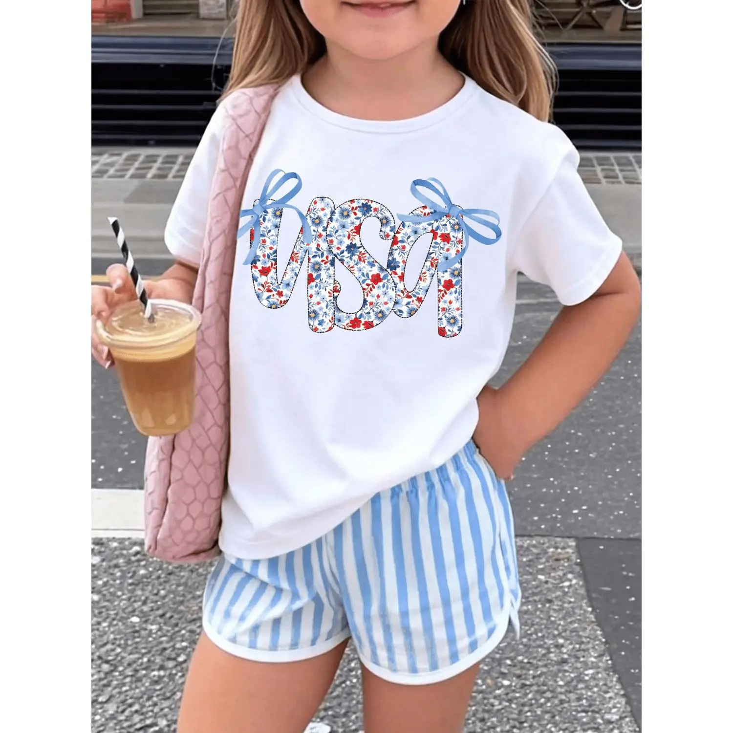 Girls' Patriotic USA Graphic Printed Tee, Soft Cotton-Poly Crew Neck Shirt with Cute Bow Accent for 4th of July, Ages 3-13 Years, Graphic Printed Tees, Cute Bow Tshirt, Kids Clothing Girls, Shirts For Girls