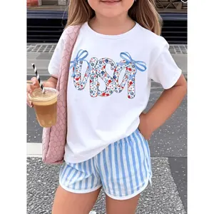 Girls' Patriotic USA Graphic T-Shirt, Soft Cotton-Poly Blend Tee with Bow Accent, July 4 Shirts for Active Kids, Ages 3-13 Years