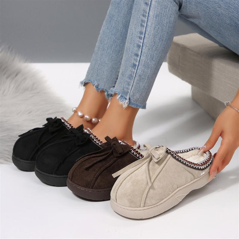 Women's Winter Warm Fuzzy Slippers Bow Accent Slip-On Thick Sole Versatile Indoor Outdoor Shoes
