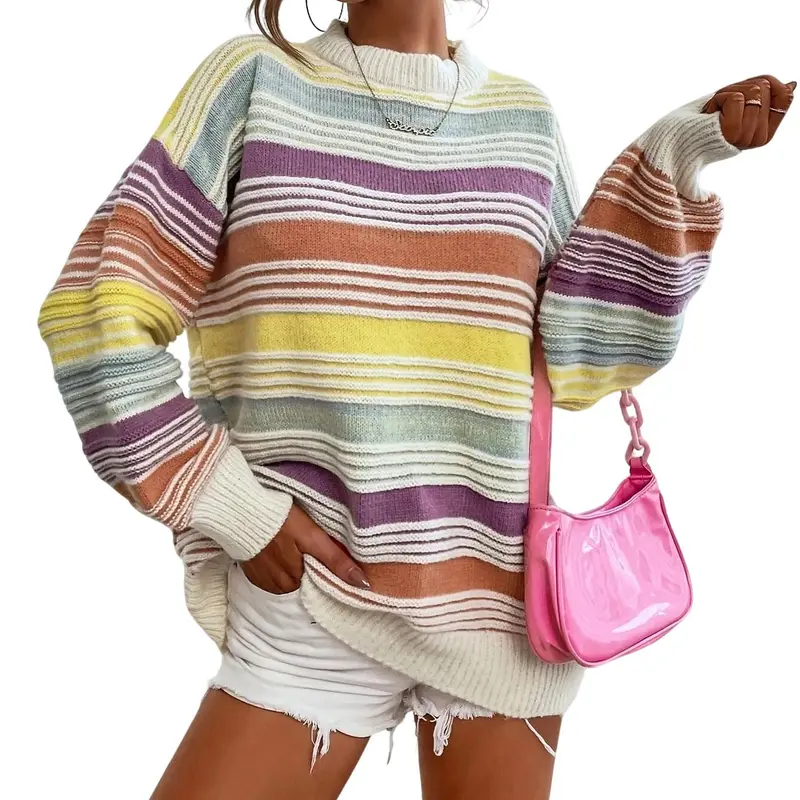 CHARTOU Women's Oversized Colorblock Rainbow Stripe Crew Neck Knit Pullover Top - 2026 Fall Collection, Long Sleeve Tops Women, Knitwear, Casual Fitted Back to School Item