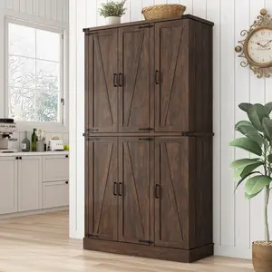71in Farmhouse Kitchen Pantry Cabinet,Freestanding Tall Storage Cabinet with 6 Barn Doors,Organizer,Rustic Wood Storage Cabinets for Kitchen,Dining Room,Bathroom(Brown/Black/White)