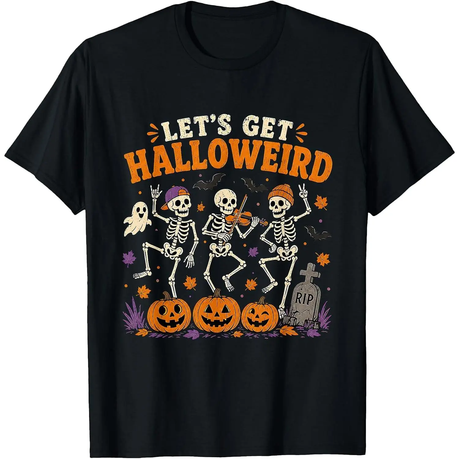 Let's Get Halloweird Dancing Skeletons Pumpkin Halloween Fun T-Shirt Womens Cotton Short Sleeve Summer Casual Graphic Crew Neck Tee Black