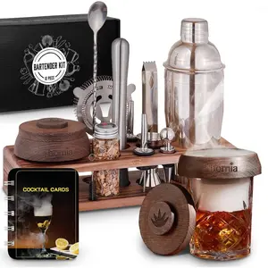 Bartender Kit with   - 13 count, Pine Stand - Bar Set with  Shaker, Bartending Kit with Essential Bar Accessory Tools,  Chips, Steel