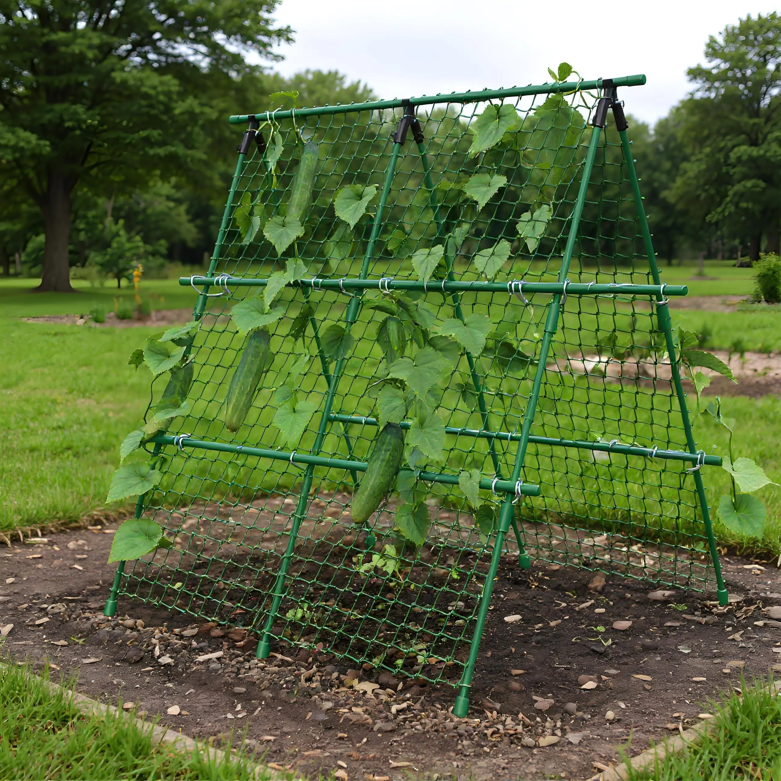 GAOMON Trellis for Climbing Plants, 4x4 ft Metal A-Frame with Support Netting, Outdoor Vegetable Trellis for Tomatoes Cucumbers Peas Beans Grape Vines, Fits Raised Beds, Green