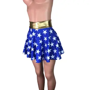 Wonder Woman Inspired Skater Skirt - Blue Star Pattern with Gold Belt, Spandex Fabric, Comfortable Womenswear for Cosplay