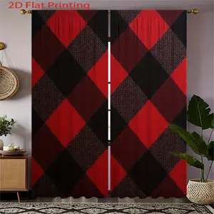 2-Piece Red & Black Plaid Curtain Set - Semi-sheer curtains with rod pocket design, lightweight fabric suitable for living rooms, bedrooms, kitchens, and offices - Modern rustic decor window treatments - Easy-care machine washable curtains