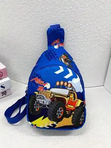 1pc S mini nylon fanny pack/coin purse with off-road vehicle pattern – a bright blue mini nylon crossbody bag, printed with an off-road vehicle pattern and text, with a blue webbing shoulder strap. Perfect as a children's school bag or casual accessory.