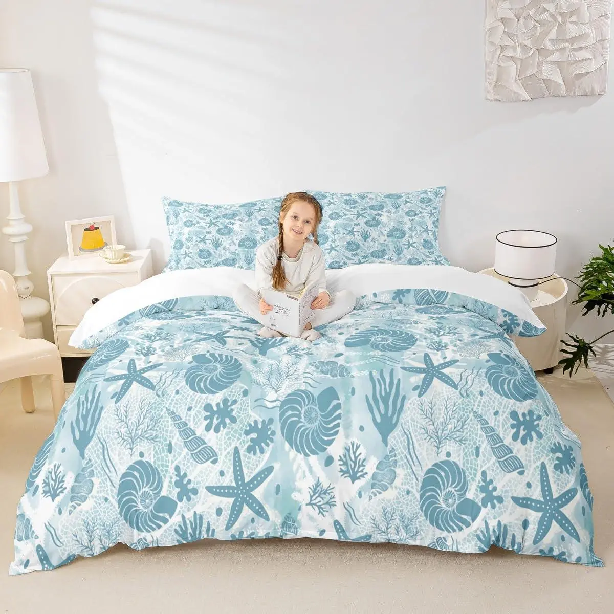 Seashell Conch Starfish Coral Duvet Cover Set,Coastal Ocean Beach Bedding Set,Underwater Life Print Comforter Cover Navy Blue Tie Dye Quilt Cover for Kids Teens Adult Bedroom Decor