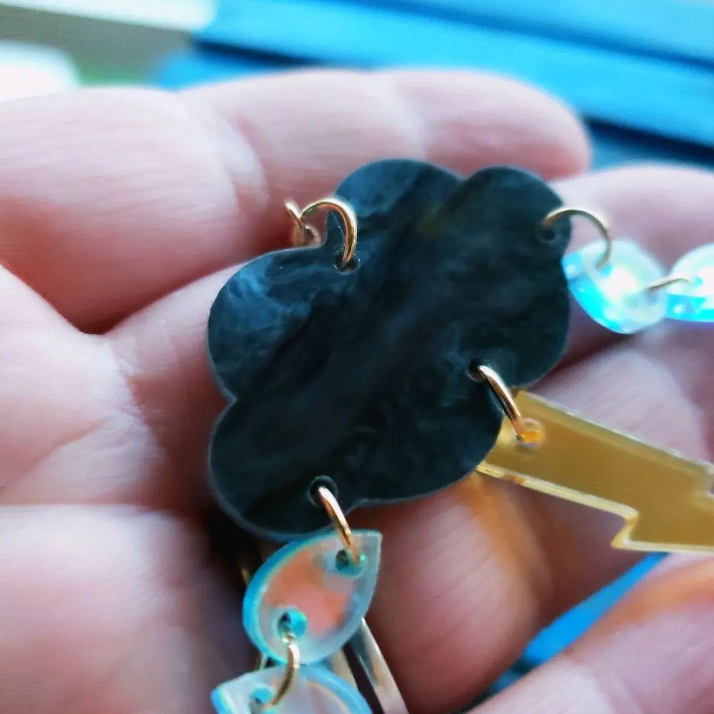 #66 Storm Cloud Earrings with Lightning Bolt – Handmade Acrylic Raindrop Jewelry, Lightning Bolt and Cloud Earrings Iridescent Acrylic Statemen