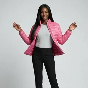 Women's Vibrant Hot Pink Long Sleeve Mock Neck Quilted Puffer Jacket - Casual, Lightweight Warmth, Packable Fit, Statement Outerwear