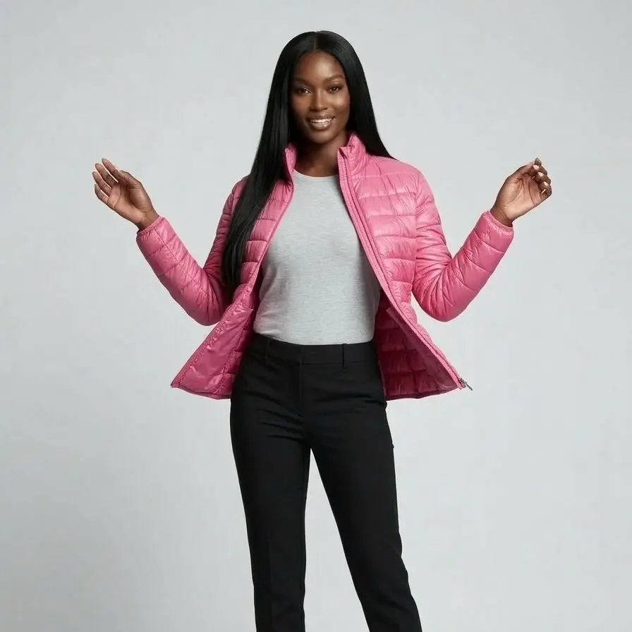 Women's Vibrant Hot Pink Mock Neck Quilted Puffy Long-Sleeve Coat - Lightweight Warm Statement Casual Outerwear, Packable Foldable Lady Jacket