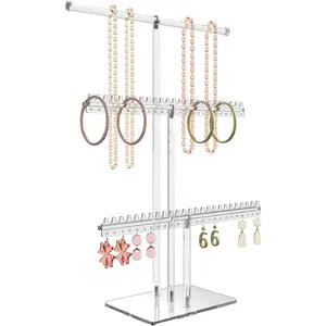 Premium Jewelry Stand, Earring Holder, Necklace Holder Stand, Clear 3-Tier Acrylic Large Storage Jewelry Organizer Stand & Bracelet/Bangles Stand, 48 Earring Holes Display Stands