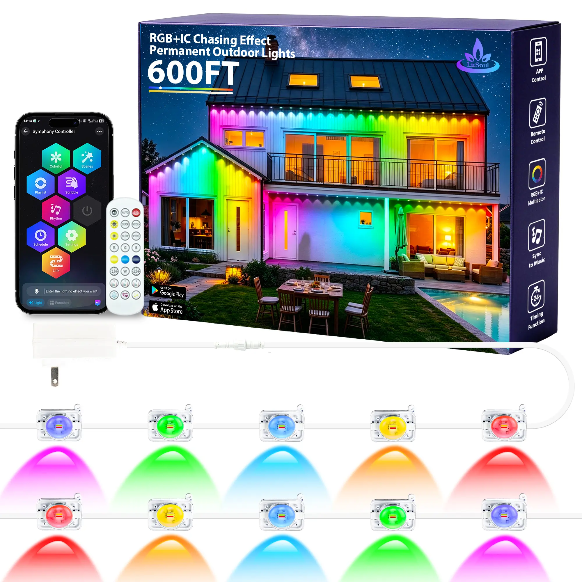 Mutovlin Permanent Outdoor Lights, IP67 Waterproof Smart RGB+IC Wall-Washing Eaves Lights with App & Voice Control, Millions of Colors, Customizable DIY Scenes for House, Holiday, Patio