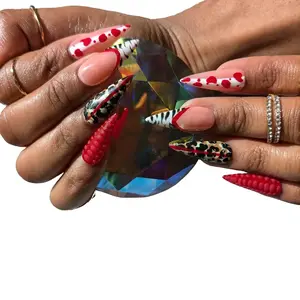 Almond Shaped Lovers Day Press On Nail Set with Red & White Patterns and Mixed Color Design