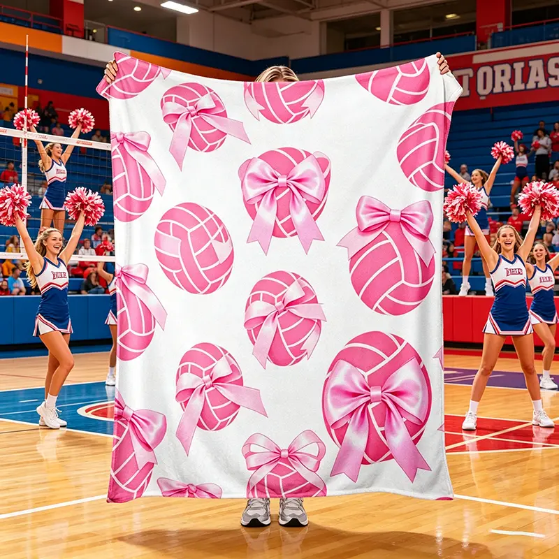 60"x80" Pink Bow Volleyball Blanket, Coquette Style Volleyball Print Flannel Throw Blanket, Soft Sport Lover Home Decor Gift Blanket