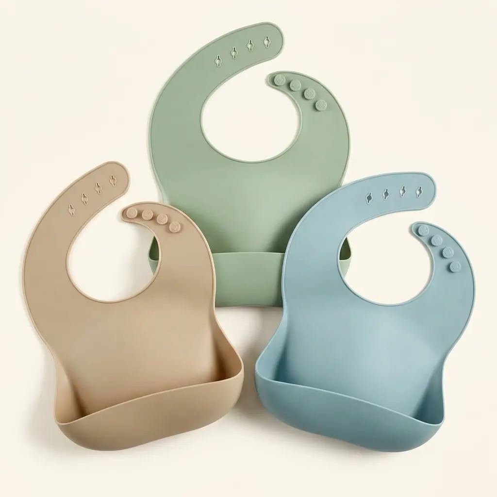 3 Pack Silicone Baby Bibs Set – Soft Adjustable Toddler Feeding Bibs with Food Catcher Pocket, Waterproof Easy Clean Silicone Bibs for Boys & Girls, Mess Free Mealtime Baby Feeding Essentials(Brown/Blue/Green)