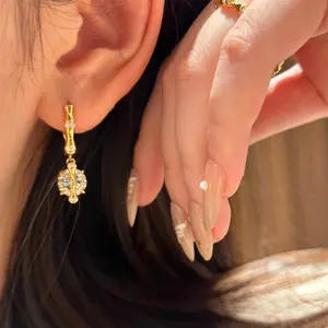 Inlaid Craftsmanship Golden Bamboo U-Shaped Sparkling Diamond DDES0723 Pendant Hoop Earrings 14K Gold-Plated