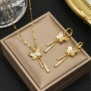 Stainless Steel Butterfly Pendant Necklace with Cubic Zirconia and 1 Pair of Butterfly Earrings with Cubic Zirconia for Women