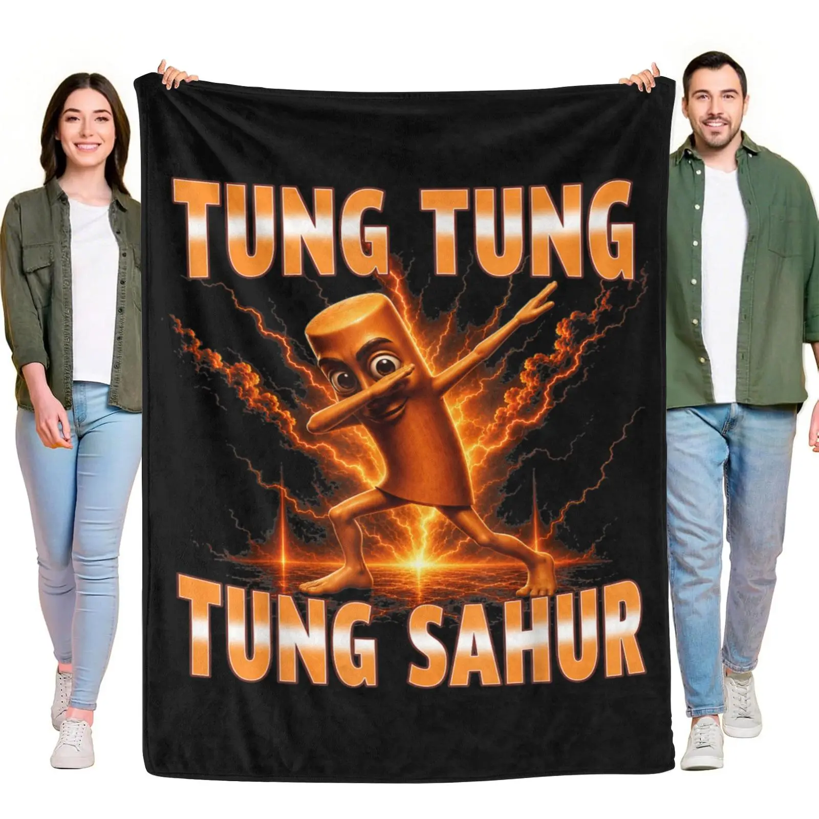Tung Tung Tung Sahur Dancing Wood Man Orange Lightning Cloud Retro Bootleg Throw Blanket, Viral Internet Meme Cozy Warm Fleece Blanket for Trend Meme Fans Gift