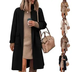 Ommig Women's Long Cardigan Wool Coat Open Front Pockets Warm Lapel Jacket Coat Fall Outerwear