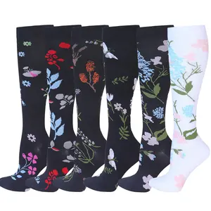 6 Pairs of Compression Calf Socks – Quick-Drying Anti-Slip,Sweat-Wicking Knee-High Compression Socks Floral Pattern Sports Stockings