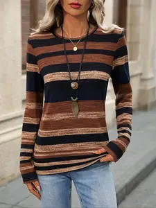 Women's Striped Print Long Sleeve Fitted Tee, Casual Round Neck T-shirt for Daily Wear, Ladies Top for All Seasons