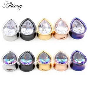 Alisouy 1pc 8-25mm Stainless Steel Zircon Water Drop Ear Tunnels Plugs Expander Stretchers Gauges Earrings Piercing Body Jewelry