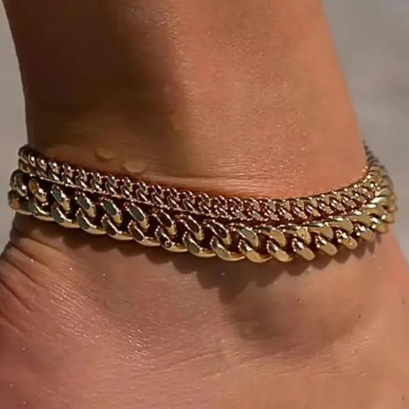 Women's Waterproof Cuban Link Anklet Set, Trendy Multi-Layered Large Ankle Bracelets, Elegant Fashion Jewelry Gift, Stylish Accessory