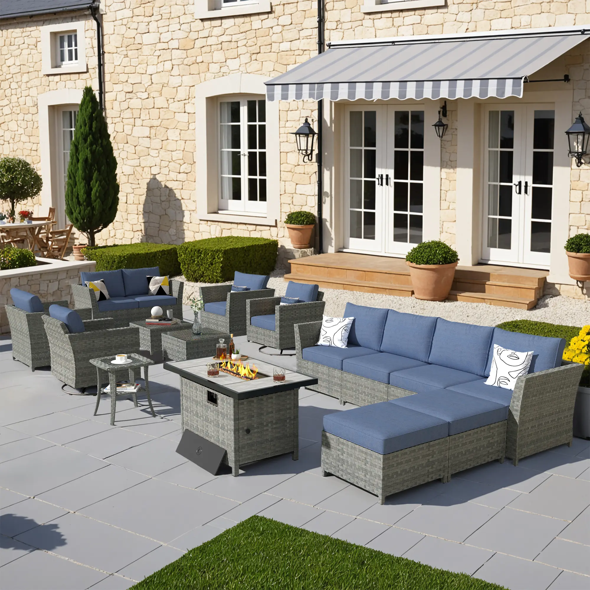 【Summerfinds】OVIOS Outdoor Patio Set with 42" Gas Fire Pit Table & Swivel Rocking Chairs, 16-Piece All-Weather PE Wicker Sectional Sofa Set with Cushions for Backyard, Deck & Patio