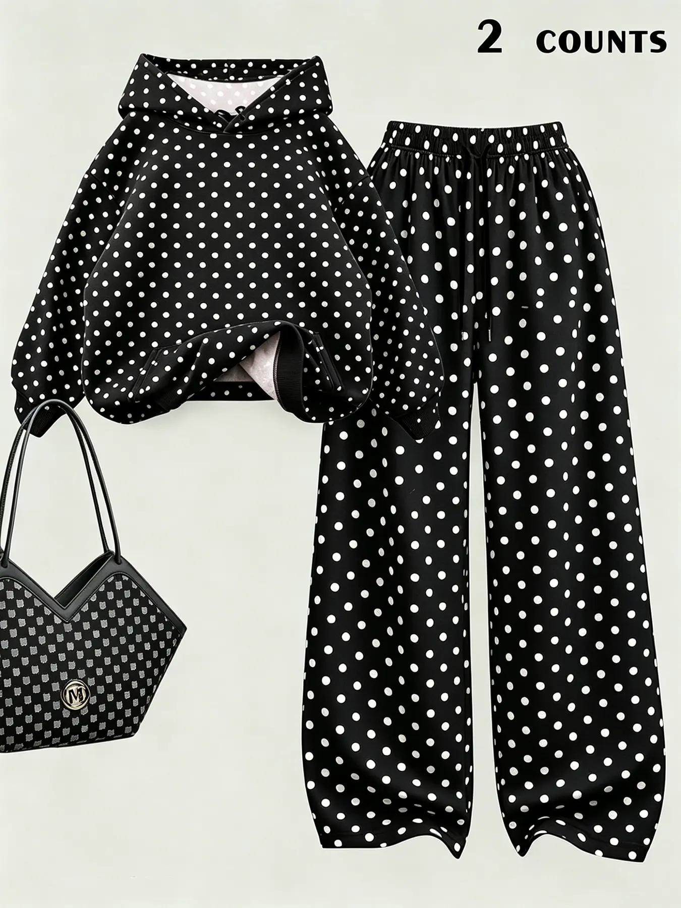 Women's Fall Winter New Base Polka Dot Hoodie with Side Pockets, Straight Leg Pants Set, Casual Retro Chic Style, Daily Wear, Everyday Outfit
