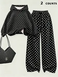 Women's Fall Winter New Base Polka Dot Hoodie with Side Pockets, Straight Leg Pants Set, Casual Retro Style, Daily Wear