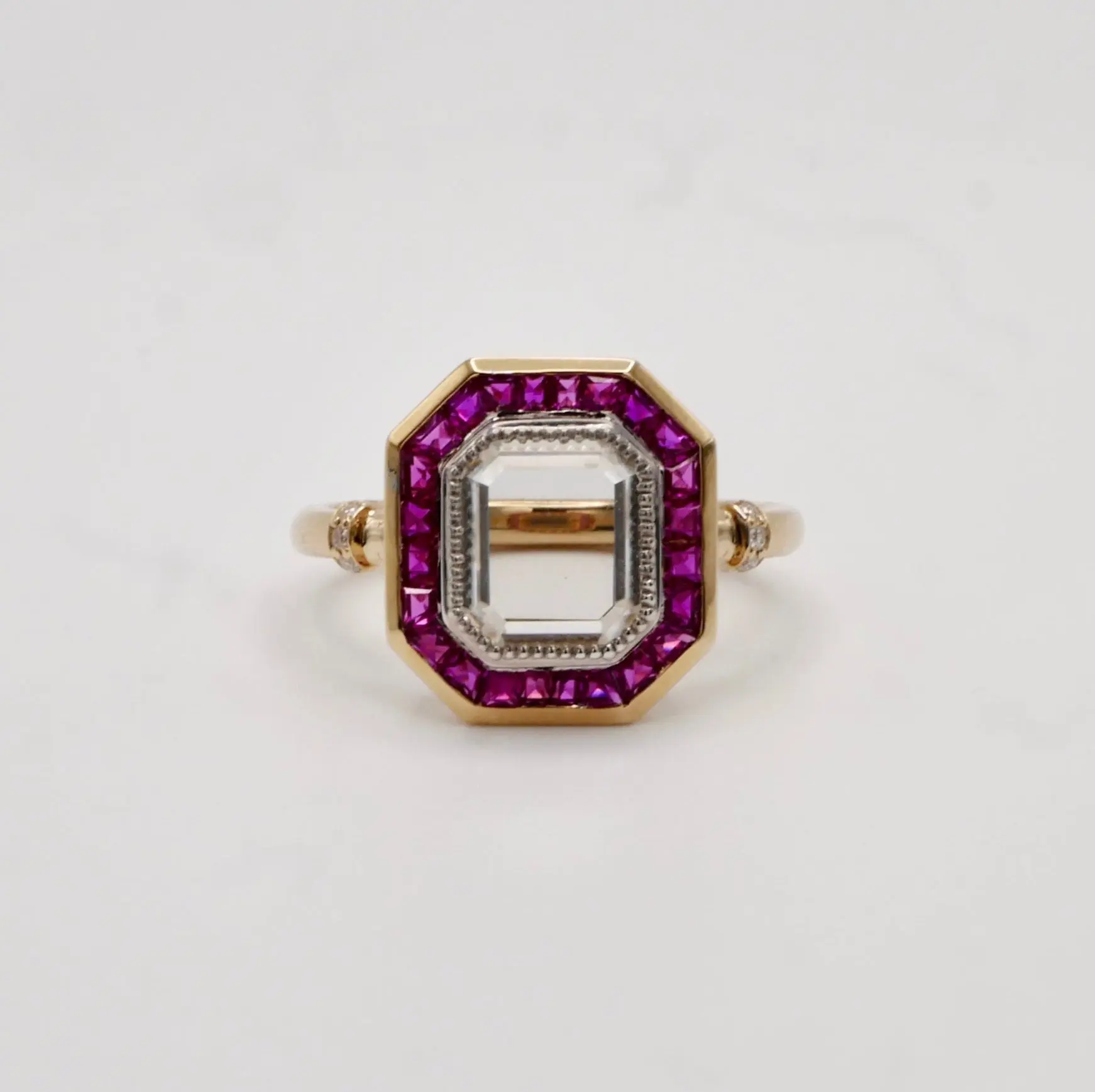 Portrait Cut Moissanite or Diamond Art Deco Ring with Caliber Cut Lab Grown Rubies, 14K Yellow Gold