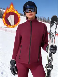 Women's Winter Outdoor Sports Ski Fleece Jacket, 4 Pockets with Zipper, Long Sleeve Stand Collar, Slim-Fitting Thick Fabric, Zippered Jacket
