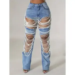 Straight Leg Jeans for Women Mid-Rise Distressed Ripped Hole Pearl Chain Boyfried Denim Pants boot cut bling Casual Fit