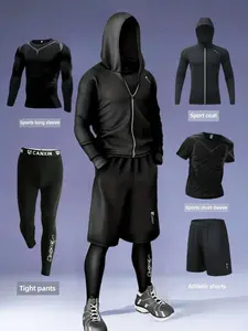 Men's 5 Piece Sports Set, Breathable Mesh Long Sleeve Tee, High Elasticity Compression Pants, Quick-Dry Hoodie & Shorts