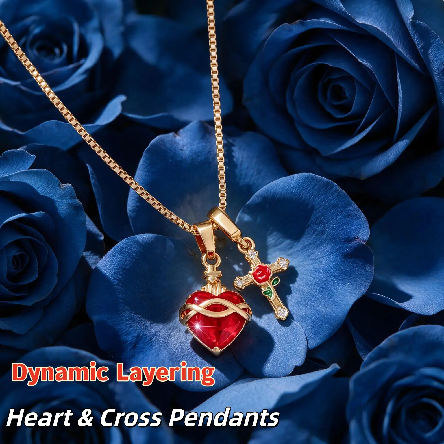 Red Synthetic Zircon Heart and Cross Pendant Necklace with Rose for Women's Daily Wear Jewelry Accessories and Gifts