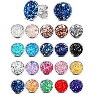 20 Pairs Round Stud Earrings Stainless Steel Druzy Stud Earring Anti Sensitive Fit Women Men Birthday Party