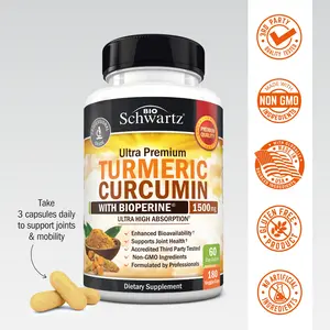 Bioschwartz Ultra Premium Turmeric Curcumin 1500mg Capsules for Joint Support, High Absorption Ultra Potent Turmeric Supplement with 95% Curcuminoids & BioPerine 180 Count Non-GMO GMP Certified Turmeric Supplement