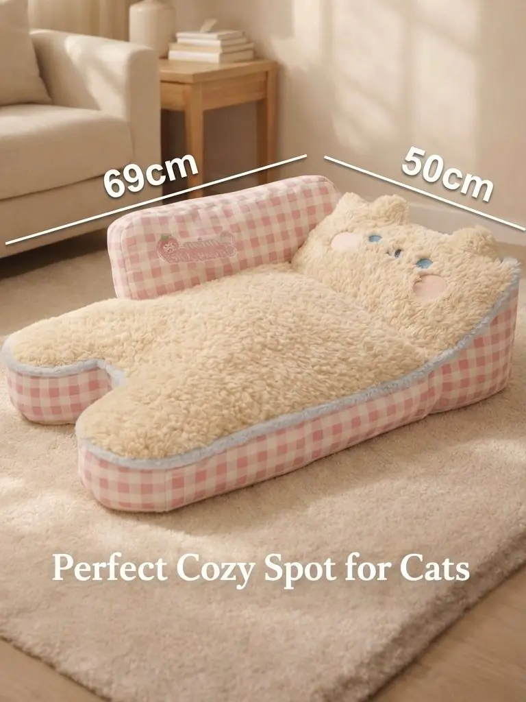 2026 Viral Blush Pink Gingham Plush Pet Sofa Bed - Non-Slip, Supportive Anti-Anxiety, Orthopedic Soft Fleece Lounger, Mess-Free, No Sagging Plush Foam Sofa with Biscuit-Making Surface for Cats #TikTokMadeMeBuyIt Bedding