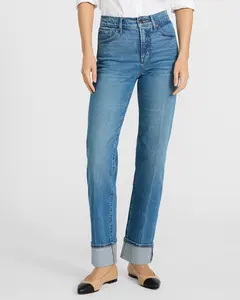 Express High Waisted Medium Wash Cuffed Straight Jeans