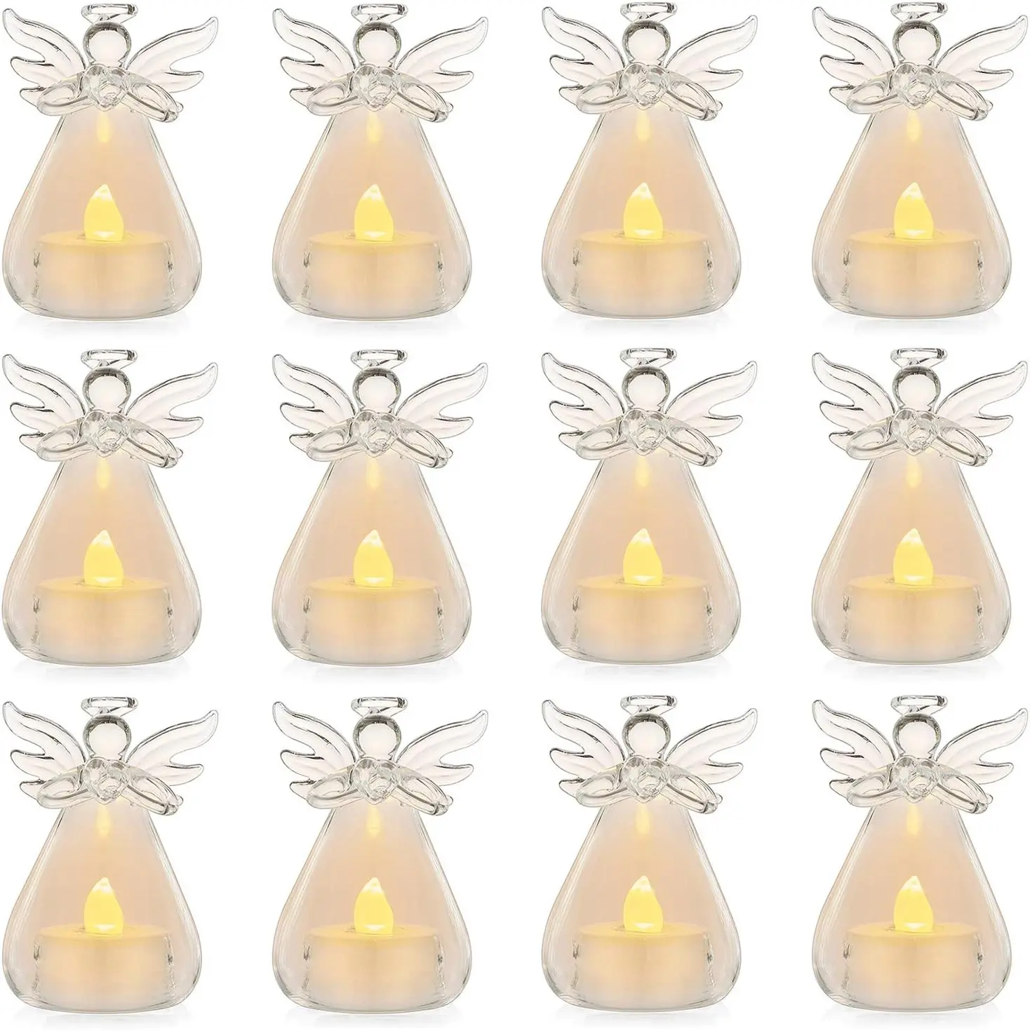 Pack of 12 (10 Pcs + 2 Pcs) Hanging Glass Angel Candle Holders with LED Tealight Candle Inside Votive Decoration for Wedding Party Restaurant Hotel Garden