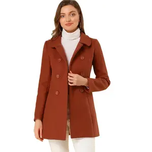 INSPIRE CHIC Women's Peter Pan Collar Double Breasted Long Trench Winter Pea Coat Brown Medium