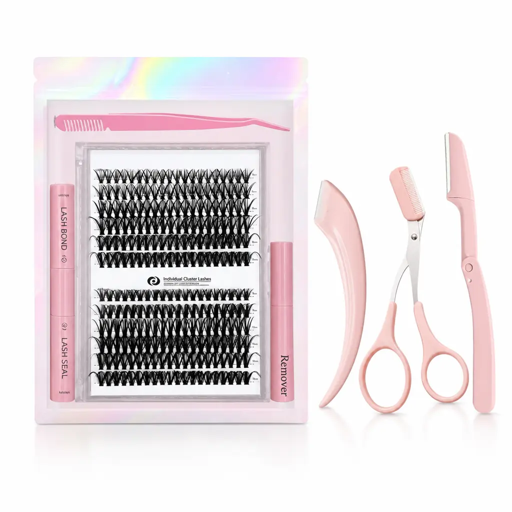 1 Box 240PCS Individual Cluster Eyelashes DIY Lash Extension Kit, 9-17mm Natural Thick False Lashes with Lash Bond & Seal, Bonus 3Pcs Eyebrow Trimmer Scissors Set, Portable Eye Makeup Beauty Tools for Women Cosmetic
