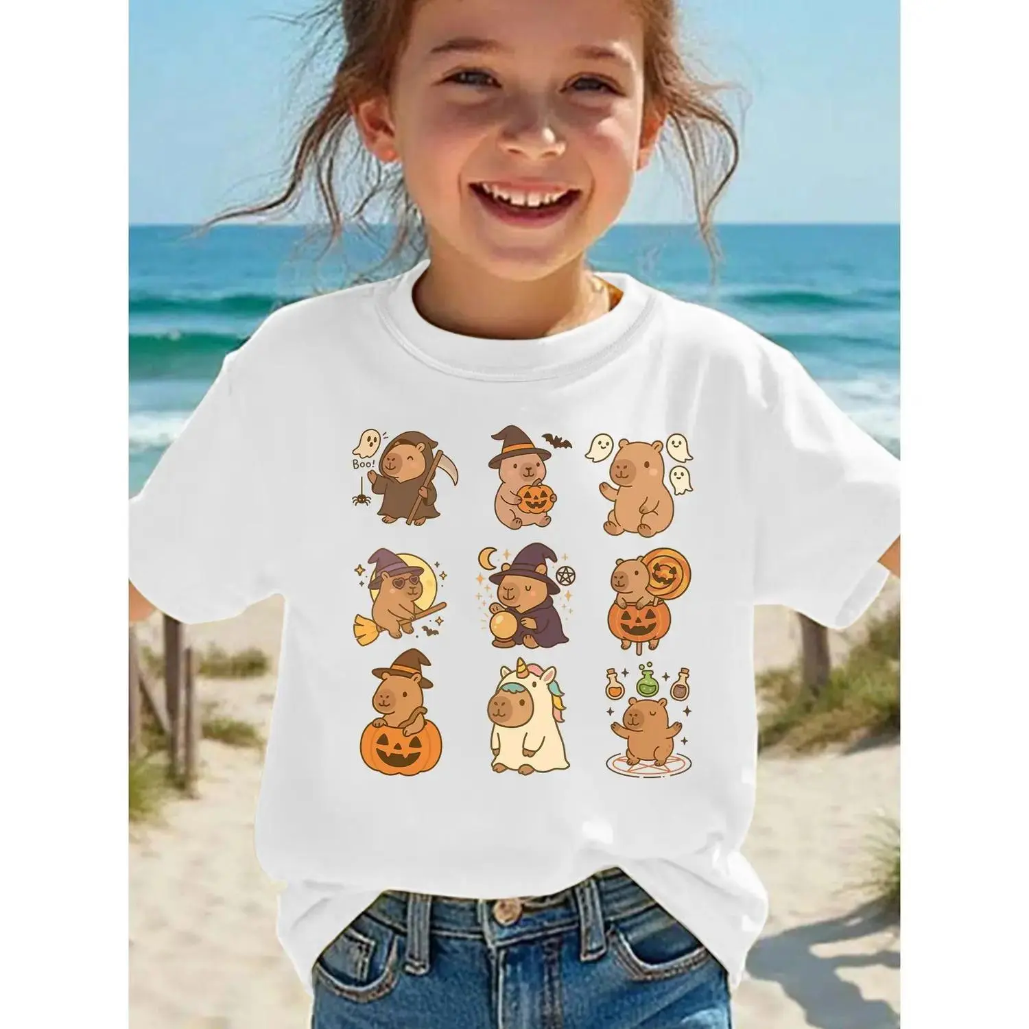Girls' Halloween T-Shirt - Cute Halloween Characters (Bats, Pumpkins, Ghosts) - Lightweight Knit Top for Halloween Party Outfits, Everyday Fall Wear - Easy-Care Casual Girls Clothing , Halloween Clothes, Festive Kids Attire