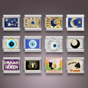 Fashion Moon Fish Spider Poker Queen Eye Star Charm Italian Links Fit 9mm Stainless Steel Bracelet Making DIY Jewelry 1pc