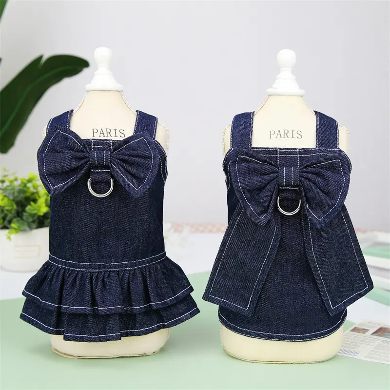 British Style Denim Dress for Small Dogs, Teddy Bichon Skirt with D-Ring Leash Attachment, Comfortable Summer Pet Outfit with Adjustable Fit