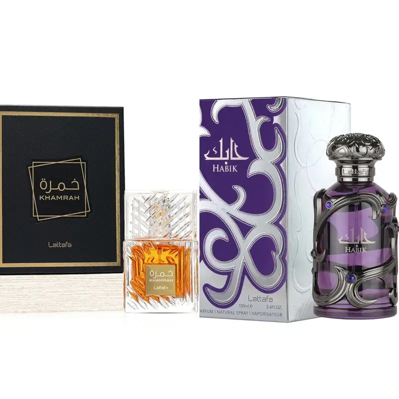 Lattafa Khamrah & Habik 2-Piece Men's Gift Set, Long-Lasting Day/Night EDP with Strong Projection, Warm Spicy & Woody Arabian Scents, 100ml / 3.4 fl oz, Two Piece Set, Confidence-Building Men's Fragrance